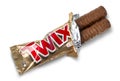 Closeup of unwrapped Twix candy chocolate bar