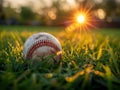 Baseball Grass Field Closeup Ball Seams Ground Summer Sunlight Sports Player Royalty Free Stock Photo