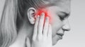 Closeup up profile of sick woman having ear pain Royalty Free Stock Photo