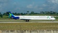 Closeup of US Md-80 aircraft landing in Jose Marti International Airport in Havana, Cuba