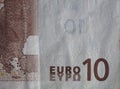 Closeup of a used 10 Euro paper money bill. Royalty Free Stock Photo