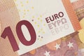 Closeup of a used 10 Euro paper money bill. Royalty Free Stock Photo