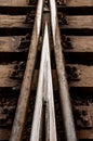 Closeup used railway points. Symmetrical road Royalty Free Stock Photo