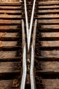 Closeup used railway points. Symmetrical road. Royalty Free Stock Photo