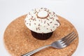 Closeup vanilla cream cupcake with chocolate sprinkle