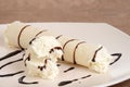 Closeup vanilla ice cream crepe with chocolate sauce Royalty Free Stock Photo