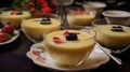 Closeup of vanilla pudding with berries in a glass, selective focus