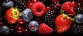 a close up of strawberries , raspberries , blueberries and blackberries on a black background Royalty Free Stock Photo