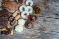 Traditional homemade Christmas cookies: Variety of sweet European cookies on rustic wooden desk, powdered sugar