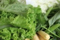 Closeup variety vegetable, include lettuce, Chinese cabbage, morning glory, baby corn.