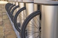 Closeup of various bicycles parked in a special place in the downtown