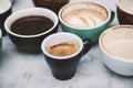 Closeup of various hot coffee drink collection Royalty Free Stock Photo