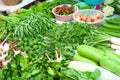 Closeup various types of fresh vegetables display in outdoor shop at morning flea market