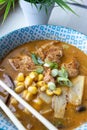 Closeup of Vegan ramen soup of Asian noodles and vegetable broth Royalty Free Stock Photo