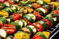 closeup of vegetable skewers basted with a herb marinade