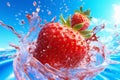 blue food healthy red freshness fruit splash water strawberry fresh background. Generative AI.