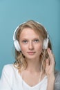 Closeup vertical portrait of young woman closed eyes listening music Royalty Free Stock Photo