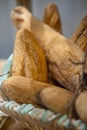 Closeup vertical shot of a fresh homemade crusty bread in a basket Royalty Free Stock Photo