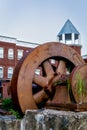 Closeup vertical view of the historic Flywheel, built in 1902 as part of the Piermont Paper