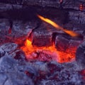 Closeup of very hot firewood transformed in embers