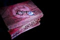 Closeup very old spectacles eyes glasses on very old red book lying on mirror for reflection