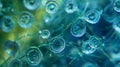 A closeup of a vibrant bluegreen cyanobacteria colony with numerous round cells connected by thin filaments resembling a Royalty Free Stock Photo