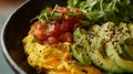Closeup Vibrant Breakfast Bowl with Scrambled Eggs Avocado and Tomatoes Royalty Free Stock Photo