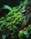 Closeup of Vibrant Green Moss and Lichen on Dark Forest Bark Royalty Free Stock Photo