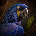 Closeup of a vibrant hyacinth macaw. AI-generated.