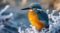 Closeup of a vibrant kingfisher its striking blue and orange plumage providing a pop of color amidst the frostcovered