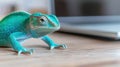 A closeup of a vibrant turquoise lizard exploring a wooden surface Royalty Free Stock Photo