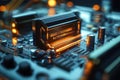Closeup view of advanced electronic equipment. Generative AI tech created piece of equipment. Complex circuit board with glowing