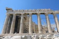 A closeup view of the ancient wonder the Parthenon atop the Acropolis, in Athens, Greece.  The temple is undergoing construction Royalty Free Stock Photo