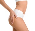 Closeup view of attractive slim woman in underwear on white. Cellulite problem concept Royalty Free Stock Photo
