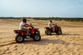 View on atv wheel, man in helmet on background Royalty Free Stock Photo