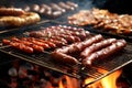 Closeup view of barbecue - meat and sausages on hot grill grid Royalty Free Stock Photo