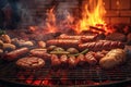 Closeup view of barbecue - meat and sausages on hot grill grid Royalty Free Stock Photo