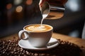 Closeup barista pouring cream into coffee cup making latte art. Generative AI