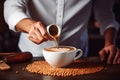 Closeup barista pouring cream into coffee cup making latte art. Generative AI