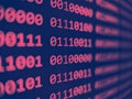 Closeup view of binary computer code with pink 1s and 0s displayed on a blue screen with focus blur effect