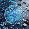 Closeup of a circuit board with a magnifying glass electronic components blue Royalty Free Stock Photo