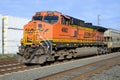 Closeup view of BNSF freight locomotive in sunshine