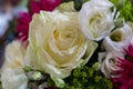 Closeup view of a bouquet with white roses, pink aster alpinus, and green spider mum flowers Royalty Free Stock Photo