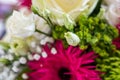 Closeup view of a bouquet with white roses, pink aster alpinus, and green spider mum flowers Royalty Free Stock Photo