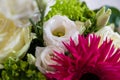 Closeup view of a bouquet with white roses, pink aster alpinus, and green spider mum flowers Royalty Free Stock Photo