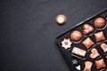 Closeup view of box of chocolates with variety chocolates pralines Royalty Free Stock Photo