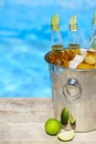 Closeup view of bucket with ice cubes, beer bottles and lime slices Royalty Free Stock Photo