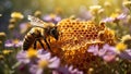 Closeup view of bumblebees collecting nectar from blooming flowers