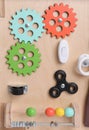 Closeup view of busy board. Baby sensory toy