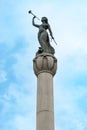 Closeup view of The Call to Arms, a 17-foot bronze statue of the Goddess Columbia. She stands on